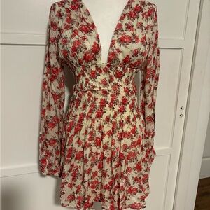 Free People Red and White Plunge Sundress with Bishop Sleeves